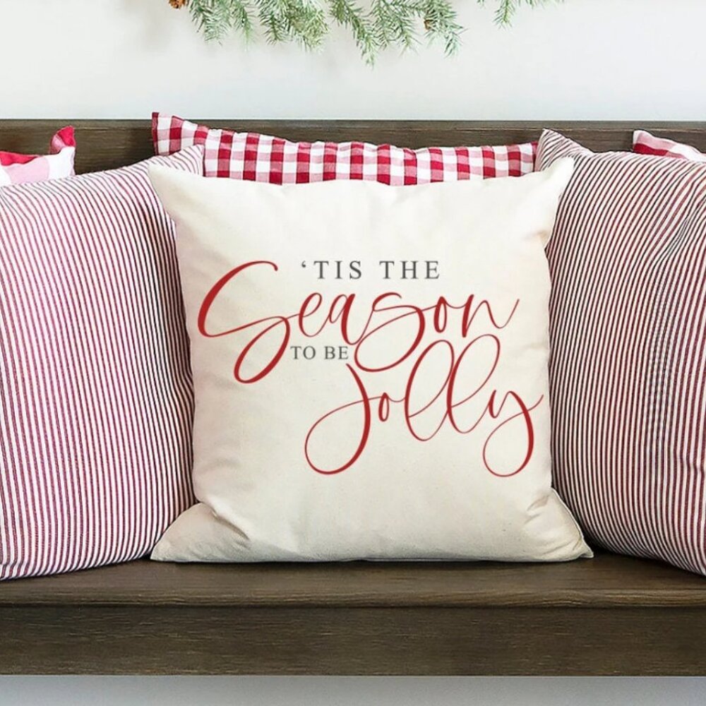 Christmas Pillow Cover. Tis The Season To Be Jolly cursive. 17" x 17" cover. - Picture 2 of 2